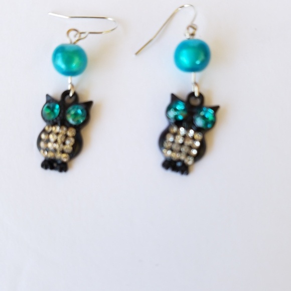 Hand Crafted Earrings Crystal-eyed Owl Dangle Aqua/Black Beaded 1.25” Pierced - Picture 5 of 6